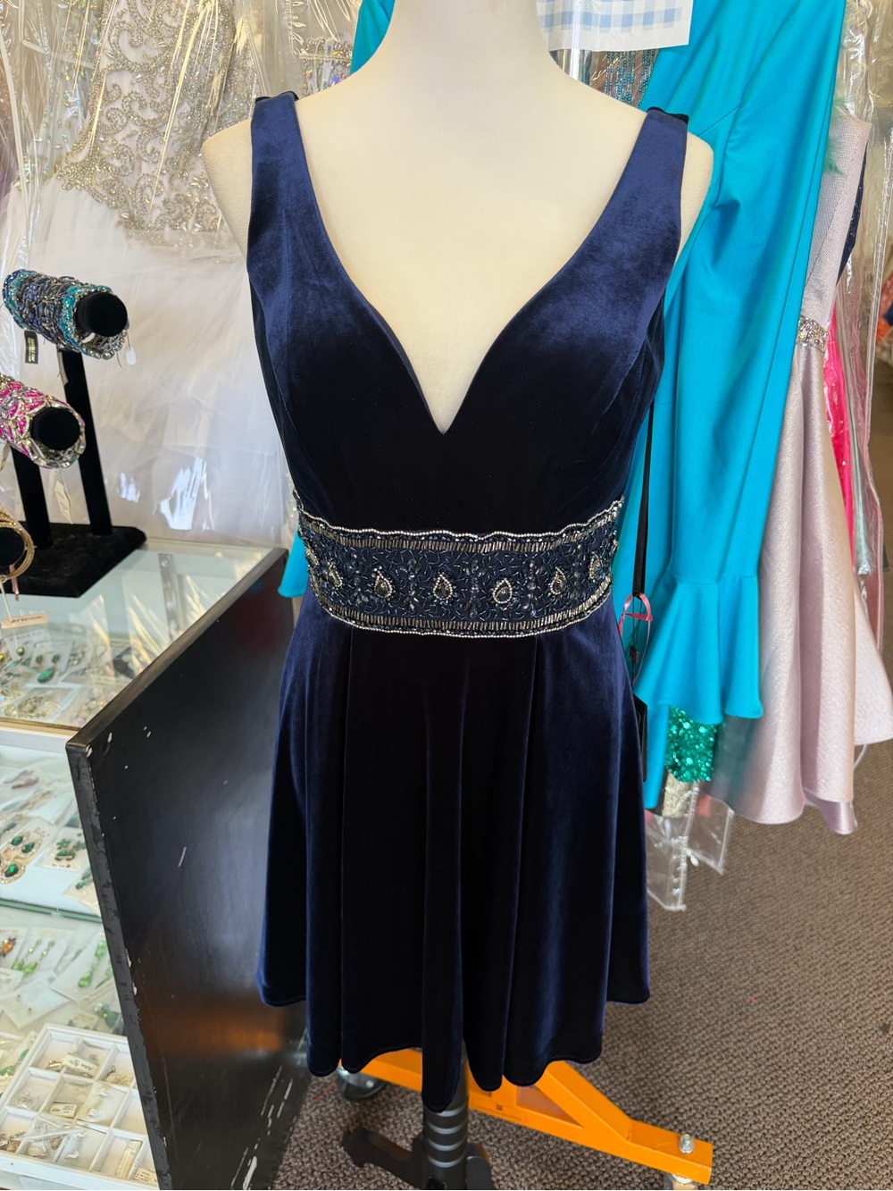 Embellished Navy Velvet V-Neck Mini Dress